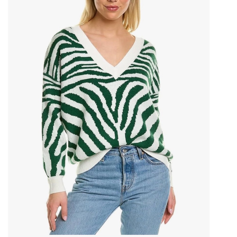 Revolve Beach Riot Joey Sweater Zebra Print V Neck Green White Women Large NEW